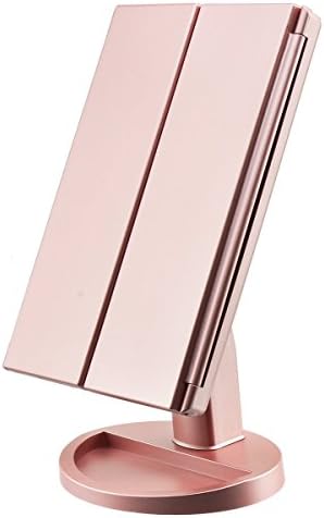 eVmo 21 LED Lighted Vanity Makeup Mirror - Tri-fold Brightness Touch Screen Battery or USB Powered Cosmetic Makeup Mirror- 1X/2X/3X Magnification Adjustable Stand Desk Table Mirror, Rose MB01G