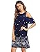 Romwe Women's Short Sleeve Cold Shoulder Floral Print Casual Loose Tunic Dress Navy L