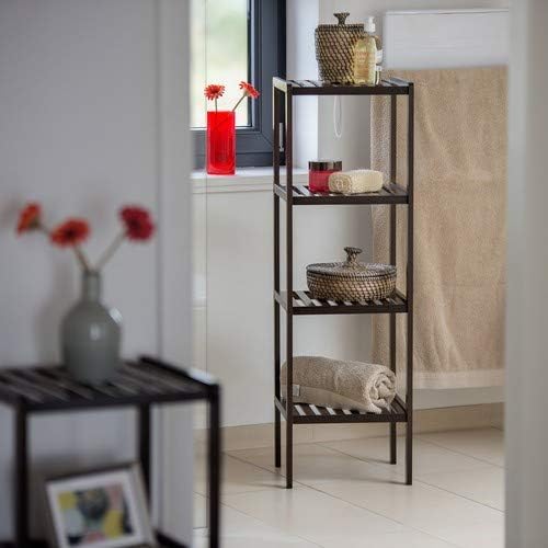 Relaxdays Bamboo Bath Rack with 4 Shelves, HxWxD: 110 x 34.5 x 33 cm, Tall Freestanding Shelving Unit, Wooden Shelves, Dark Brown - Image 3