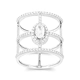 Sterling Silver CZ Oval & Bars Design Long Ring
