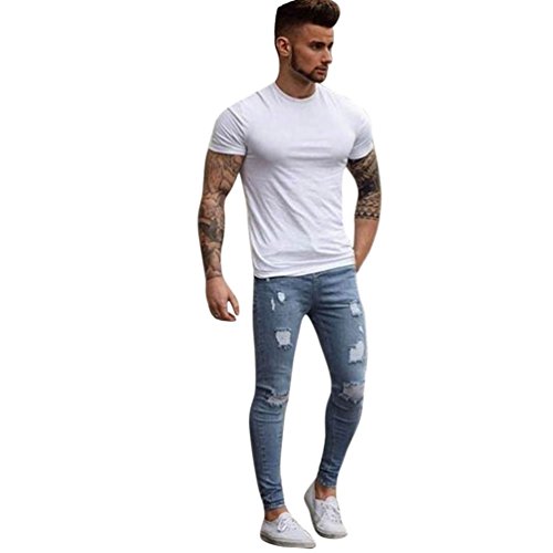 Clearance Sale! Men Pants WEUIE Men's Stretchy Ripped Skinny Biker Jeans  Destroyed Taped Slim Fit Denim Pants (33 Waist, Light Blue)