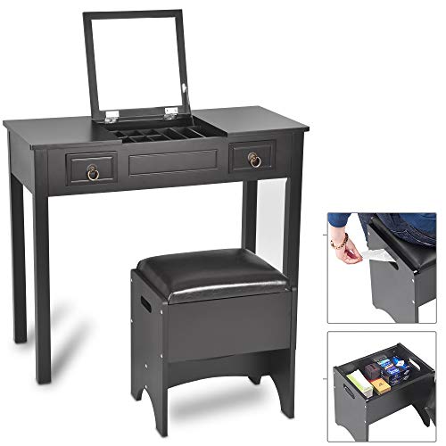 Vanity Set with Flip Top Mirror and Cushioned Storage Stool Bench Makeup Dressing Table Study Writing Desk with 2 Drawers Stool 3 Removable Organizers in Black