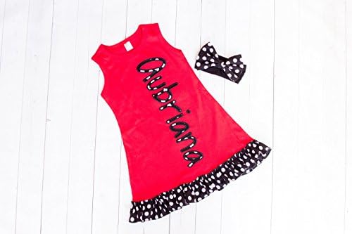 Girl's Red Personalized Ruffle Dress by Thready Teddy Embroidery - Black and White Polka Dot Monogram - Custom Swimming Cover - Embroidered Beach Wear - Cute Name Summer Spring Outfit