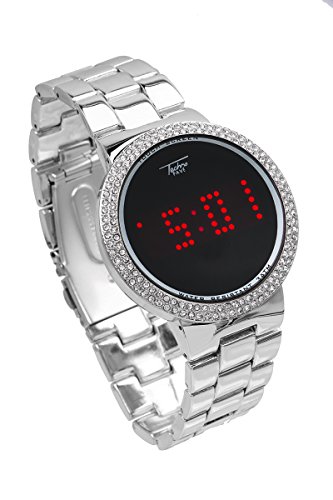 Smart Touch Screen Gold Metal Band Watch with Lab Made Diamonds on The Bezel-Techno Pave (Silver)