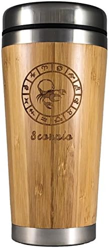 The Zodiac Mug | Premium insulated travel mug for Coffee &amp; Tea | Natural bamboo and Stainless Steel | 15.2 oz.(450ml) | Spill Proof Lid | Slip resilient base | Wooden engraving (Scorpio)