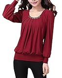 C2U Women Scoop Neck Pleated Front Long Sleeve Fitted Blouse Tops, Wine Red, Large