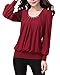 C2U Women Scoop Neck Pleated Front Long Sleeve Fitted Blouse Tops, Wine Red, Large