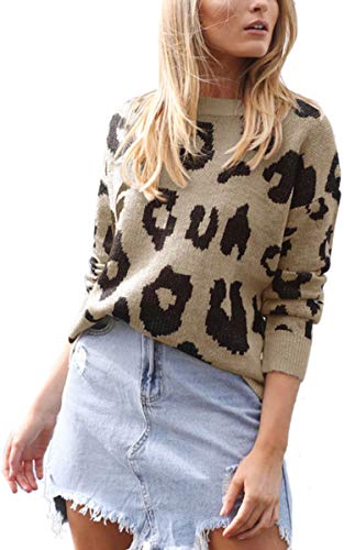 Angashion Women's Causal Long Sleeve Crew Neck Leopard Print Knitted Pullover Sweater Tops Khaki S