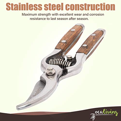 OCALiving Traditional Bypass Pruning Shears-Branch, Hedge, Shrub, Flower Clipper and Trimmer for Garden-Razor Sharp Stainless Steel Blade-Natural Wood Handles