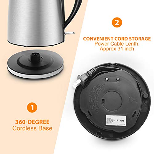 Electric Kettle - Hot Water Kettle 1.7 Liter - Stainless Steel Cordless Tea Kettle 1500W with Auto Shut-off, Boil-Dry Protection