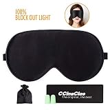 CCinaCiao Silk Sleep Mask with Earplugs for Women & Men, Super Soft Eye Mask for Sleeping with Adjustable Strap, Comfortable Eye Cover for Travel, Naps, Shift Work, Meditation, Night Blindfold Black