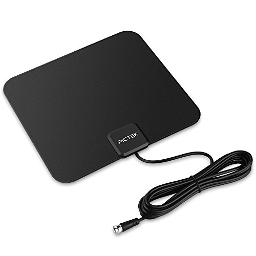 Pictek Amplified HDTV Antenna 25Miles Long Range, Flat HD Indoor Digital TV Antenna with Thicker AL Material & Amplifier for Signal Enhance, 10 Feet Cable, Black