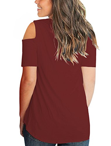 PARPERNA Women's Casual Short Sleeve Solid V-Neck T-Shirt Tops (Wine Red, X-Large)