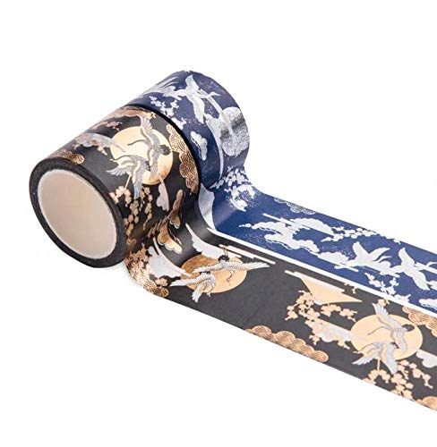 Washi Masking Tape Crane Collection Gold/Silver Foil Print for Arts and DIY Crafts, Scrapbooking, Bullet Journal, Planner, Gift Wrapping, Holiday Decoration (2 Rolls/Unit)