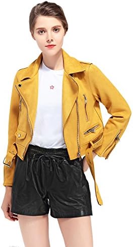 Women's Faux Suede Leather Biker Jacket Belted Coat with Zipper