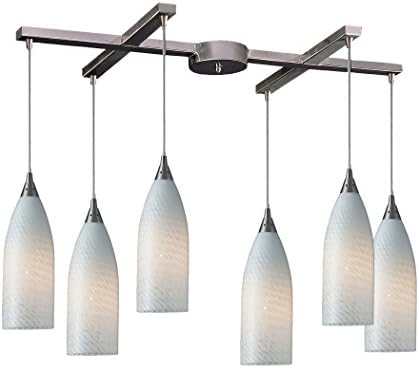 6 Light Pendant In Satin Nickel And White Swirl Glass