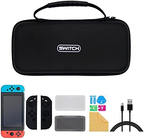 Alfaa Full Range Switch Accessories Combo including Carrying Case for Nintendo Switch, HD Screen Protector, Silicone Joy-Con Cover, Game Card Cases, USB Type-C Cable, Screen Cleaning Wipe, All in One