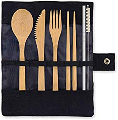 Haloku Bamboo Cutlery Set,Eco-Friendly Reusable Travel Cutlery Set,Fork Spoon Chopsticks Metal Straw Cleaning Brush Kit for Camping Travel