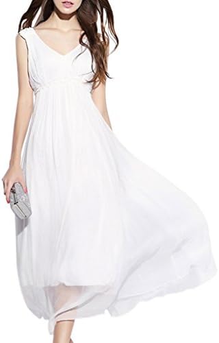 CDCLOTH Women's Summer Bohemia Silk Long Dress Mulberry Silk Sleeveless Sundress White