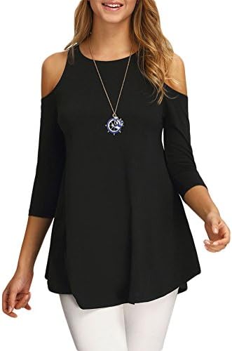 Women's 3 4 Sleeve Vogue Shoulder Flare Hem Loose Tunic tops (XL, Black)