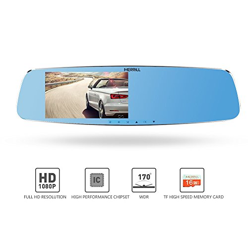 MERRILL Rear View Mirror Dash Cam 5.0" LCD 1080p 170° Wide Angle Dual Cameras with G-sensor, Parking Monitor, Night Vision, 16GB SD Card