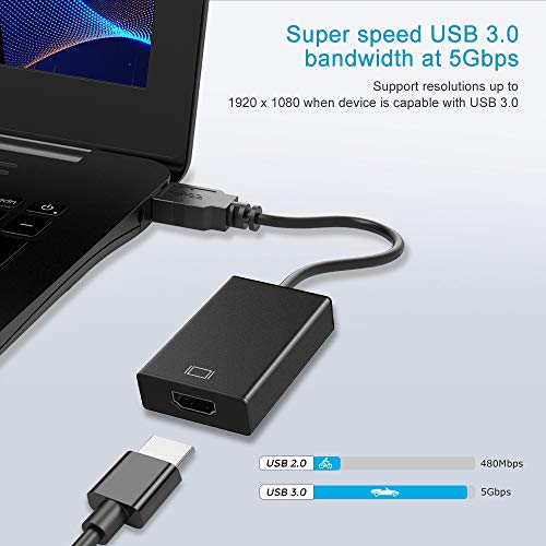 USB to HDMI Adapter, HD Audio Video Cable Converter, USB 3.0/2.0 to HDMI for Multiple Monitors 1080P, Compatible with Windows XP/7/8/8.1/10 (Not Support Mac, Linux, Vista, Chrome) (Black)
