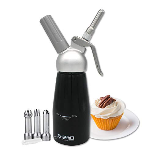ZOEMO Profession Cream Whipper - 250ML Aluminum Whipped Cream Dispenser w/Bonus Recipe eBook - Half Pint Whipper Canister, Black