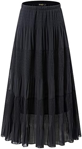 NASHALYLY Women's Chiffon Elastic High Waist Pleated A-Line Flared Maxi Skirts