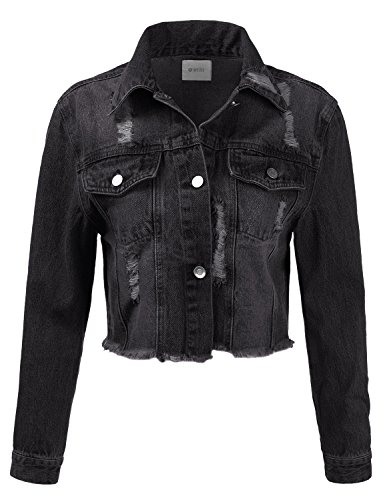 DRESSIS Womens Vintage Button Down Destroyed Cropped Denim Jacket Black M - Thumbnail 5