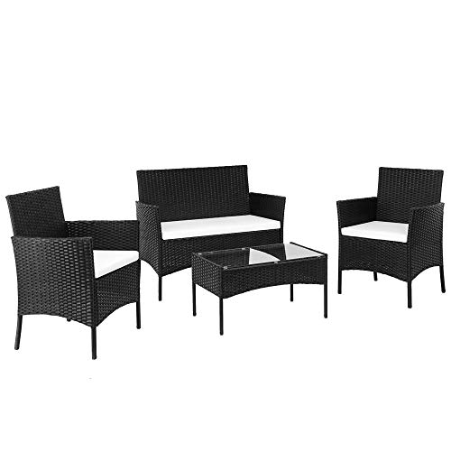Gartenmöbel-Set, Rattan Sitzgruppe für 4 Personen Balkonmöbel Set mit Sitzkissen, Gartenlounge Set mit 2 Stück…