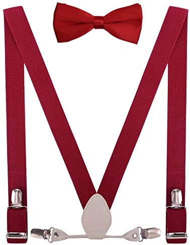 YJDS Men's Boy's Leather Suspenders and Bow Tie Set Elastic for Wedding