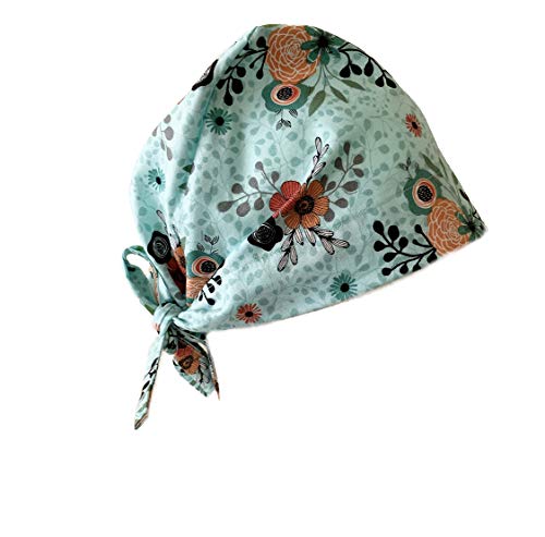Grace N May Women's Front Fold Tie Back Scrub Cap Surgical Cap Cute Patterns (Woman Minty Coral Flowers)