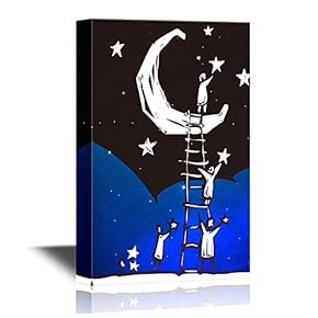Canvas Wall Art - People on a Ladder Resting Against a Moon Put Stars in The Sky - Gallery Wrap Modern Home Art | Ready to Hang - 12x18 inches