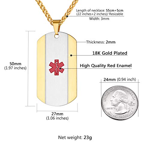 Supcare Tag Necklace Medical Alert ID Jewelry Stainless Steel 18K Gold Plated for Women/Men/Children, Medical Emergency Identification Dog Tag Necklace Jewelry - Thumbnail 6