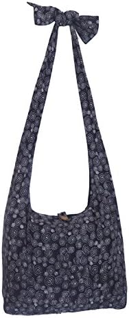 Boho Hippie Cotton Bag Sling Zip New Shoulder Crossbody Bohemian Handmade Monk Buddha Black Thai (Black-A)