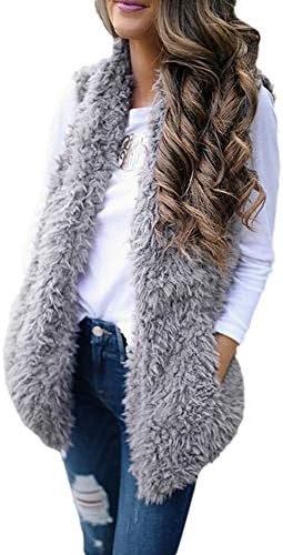 Perman Ladies Winter Warm Faux Fur Sleeveless Vest Solid Casual Waistcoat Coat for Women with Pockets (S,Grey)