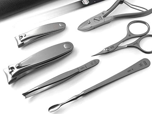 7pcs Manicure Pedicure Set German FINOX Surgical Stainless Steel: Cuticle Nippers, Toenail Clippers, Nail Clipper, Cuticles Scissors, Pusher, Tweezers and Glass Nails File in Leather by GERmanikure