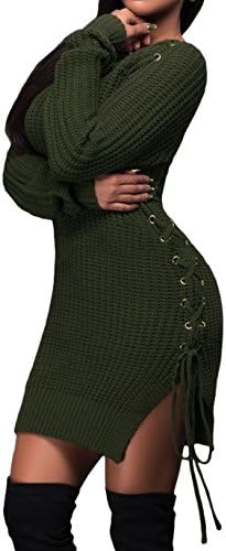 Junimd Women's Olive Knit Lace up Side Long Sleeves Sweater Dress