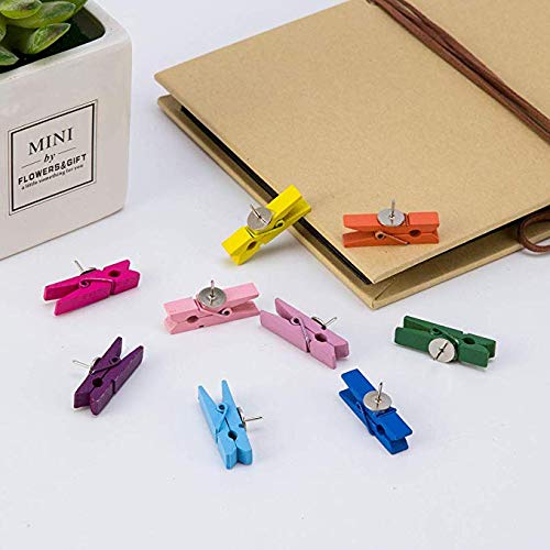 50Pcs/Set Push Pins with Colorful Wooden Clip Pushpins Thumb Tacks for Cork Boards Bulletin Boards Cubicle Walls, No Holes for Paper(Random Color)