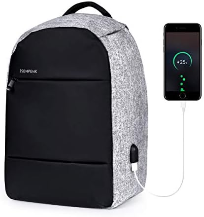 Laptop Backpack, ISENPENK Anti Theft Business Travel Laptop Backpack with USB Charging Port Waterproof for 15.6" Notebook, Work Travel Bag College Rucksack for Men Women Students, Black&Grey