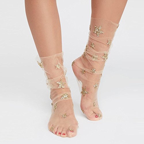 SUKEQ Lace Socks, Women Soft Glitter Lace Socks Fishnet Ankle High Socks Mesh Socks Transparent Sheer Dress Socks Hosiery Socks (Pink) (Beige) - Thumbnail 2
