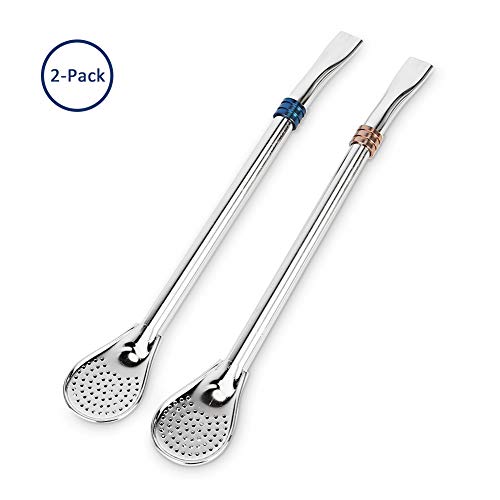 Reusable Drinking Spoon with Straws Stirrer, Echeer 2 Pack Color Assorted Stainless Steel Anti-Scratching Metal Straws Straws Stirrer for Coffee, Tea, Juice, Smoothies