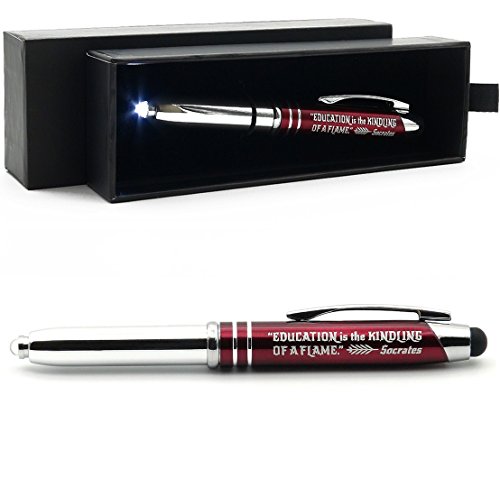 Inkstone Teacher Gift Pen with Flashlight and Stylus Tip Engraved with Inspirational Socrates Quote - Education is the Kindling of a Flame