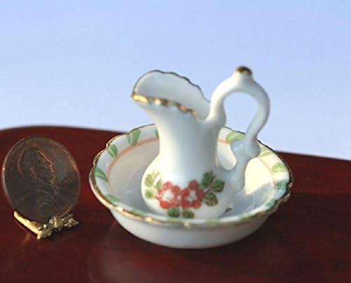 artisan hand made Dollhouse Miniature Washbasin and Pitcher with Green & Pink Design