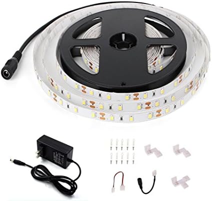 LED Strip Light With UL Certified 12V 36W Adapter Power Supply, SMD2835 300 LEDs 5 Meters,Daylight 5500K,Non-waterproof Flexible LED String Lights With Connector,Mounting Clip,Nails and DC Power Cable