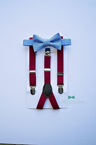 Light Blue Gingham bow tie with red suspenders. A stylish look for ring bearers, groomsman, birthday parties, cake smash or family photos.