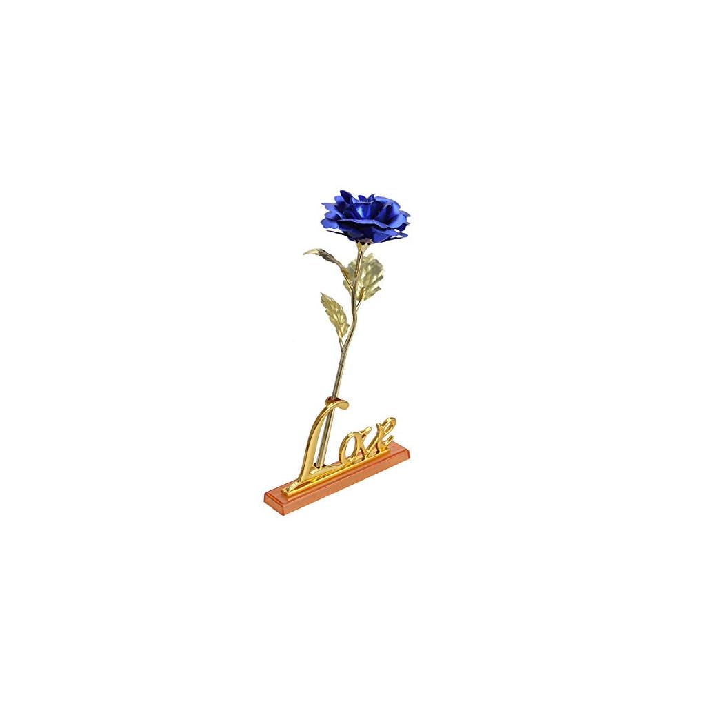 Kodoria Golden Rose 24k Gold Foil Trim Artificial Rose Flower Long Stem With Love Stand For Valentines Day Mothers Day Anniversary Wedding Birthday Gift Blue Silk Flower Arrangements