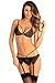 Rene Rofe Women's 3pc Crave Me Bra, Garter and G-String Set, Black, Medium/Large