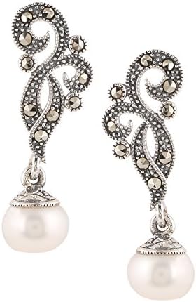 925 BIS Hallmarked Sterling-Silver with Swarovski Marcasite and Pearls Dangle Drop Earrings for Women