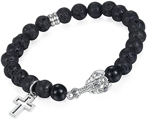 Davieslee Womens Mens Bracelet Chain Shrimp Cross Charm Ball Bead Link Lava Black 8mm Stretchable